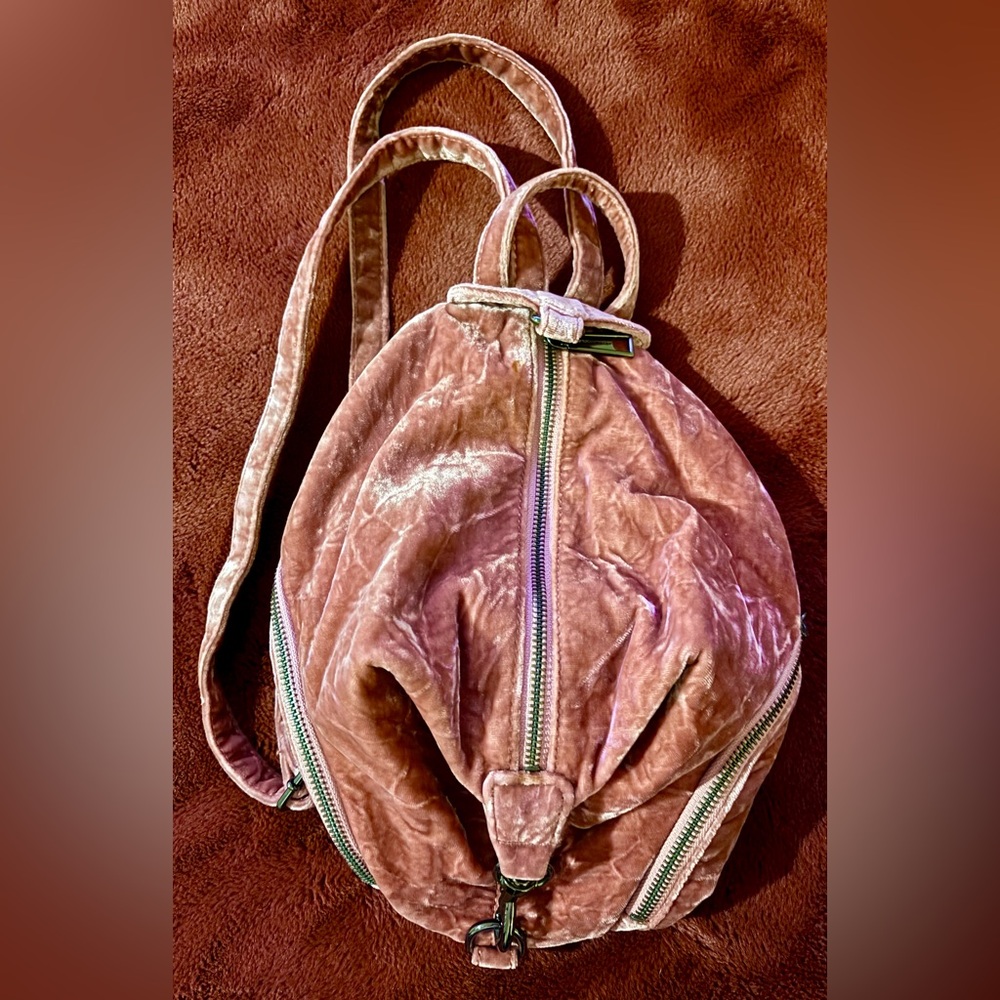 Rebecca Minkoff crushed Velvet Pink mini Backpack Bag gunmetal hardware